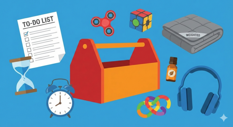 AI Generated Image: an illustration of a toolbox that has items surrounding it: a to-do list, a sand timer, an alarm clock, fidget toys, a small weighted blanket, a bottle of essential oil, and bulky headphones, suited for a therapy poster. Vector art, no gradients, no photorealism, no texture, solid colors only, sharp edges. Blue background.