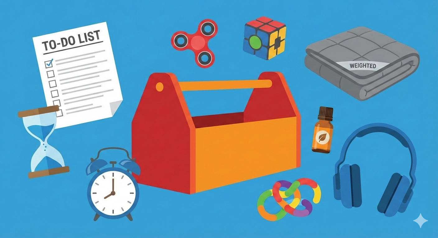 AI Generated Image: an illustration of a toolbox that has items surrounding it: a to-do list, a sand timer, an alarm clock, fidget toys, a small weighted blanket, a bottle of essential oil, and bulky headphones, suited for a therapy poster. Vector art, no gradients, no photorealism, no texture, solid colors only, sharp edges. Blue background.