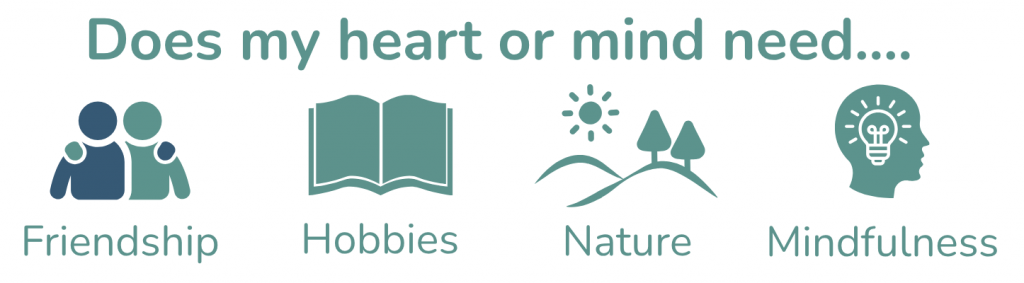 Recovery Check In heart needs, friendship, hobbies, nature, mindfulness