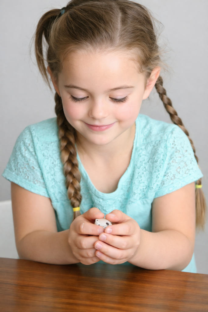 young girl holding a die at a wooden table